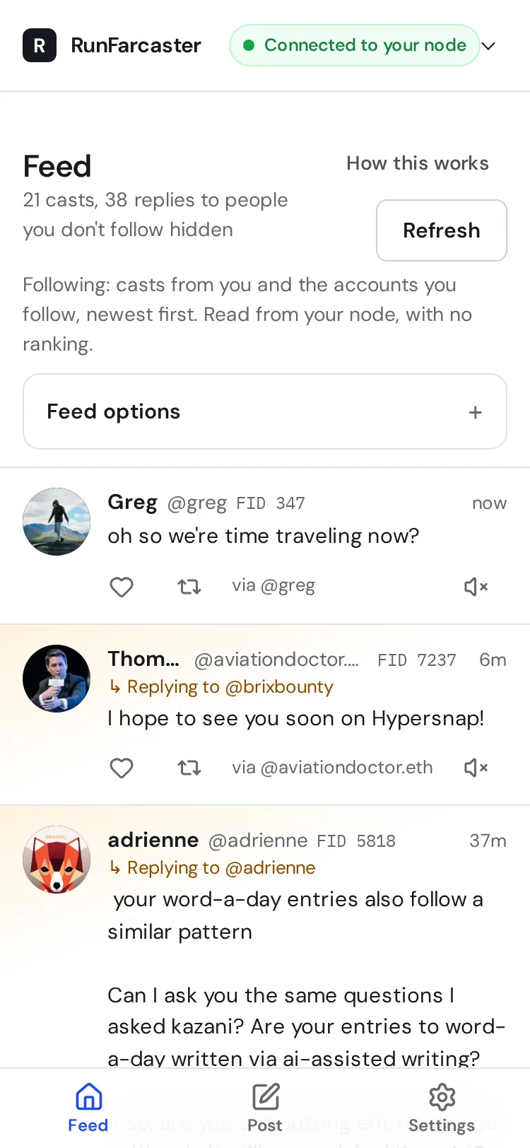 375 px phone: the Following feed, '21 casts, 38 replies to people you don't follow hidden', status 'Connected to your node', and the Feed, Post and Settings bar at the bottom